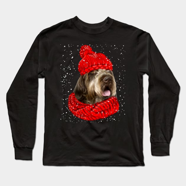 Wirehaired Pointing Griffon Wearing Red Hat And Scarf Christmas Long Sleeve T-Shirt by Brodrick Arlette Store